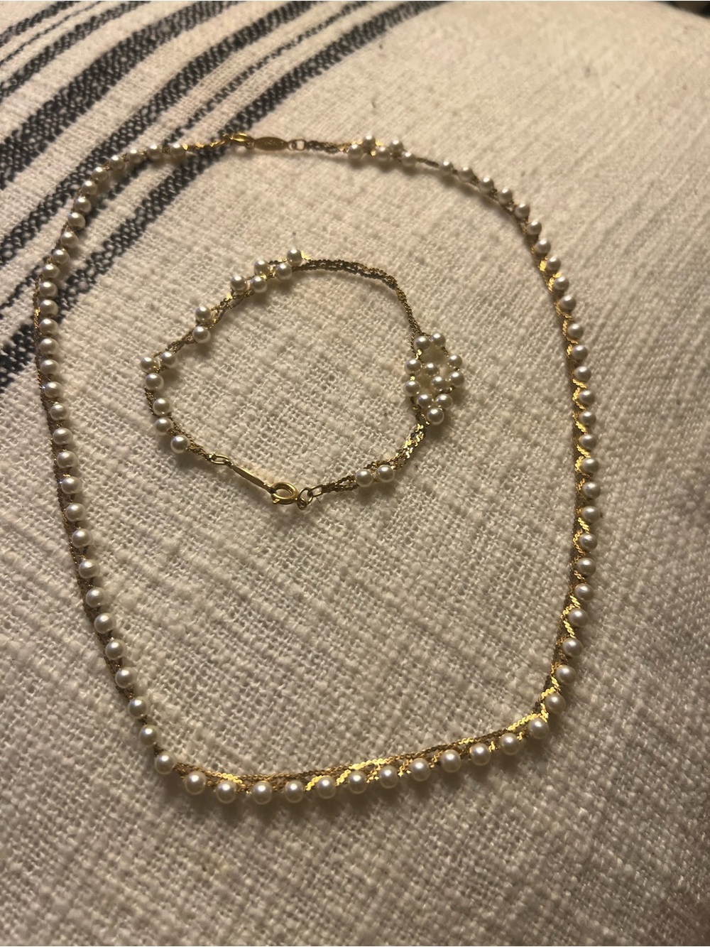 Gold Chain Bracelet and Necklace with White Pearls - Delicate Twist Design